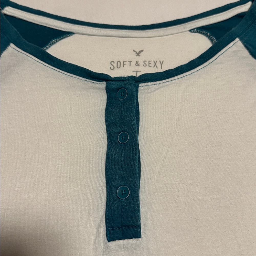 American Eagle Outfitters Soft & Sexy Tee Teal and White Long Sleeve Tee - Picture 3 of 5